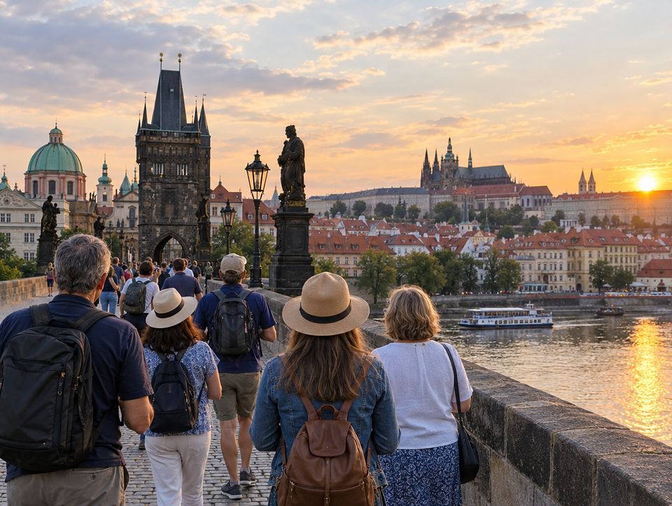Grupa turystów na kamiennym moście nad rzeką w starym mieście o zachodzie słońca
